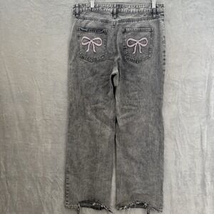 ASHLEY MASON Denim Jeans Pink Ribbon BOW Embroidered Gray Wash Baggy Fit 7/28